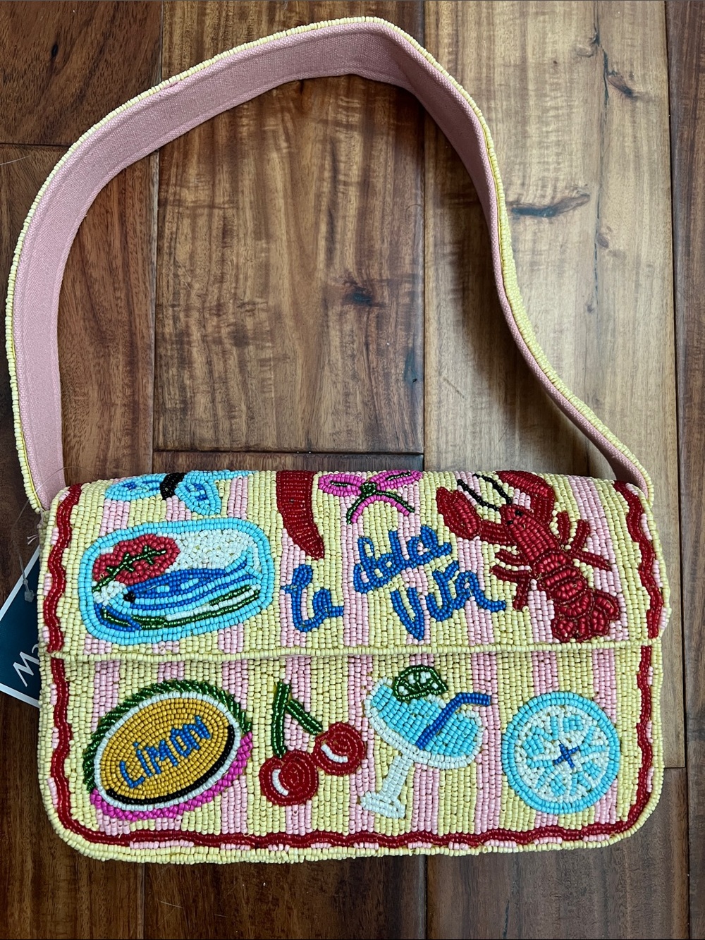 Embroidered Beaded 'La Dolce Vita'  Bag - Pink Multi